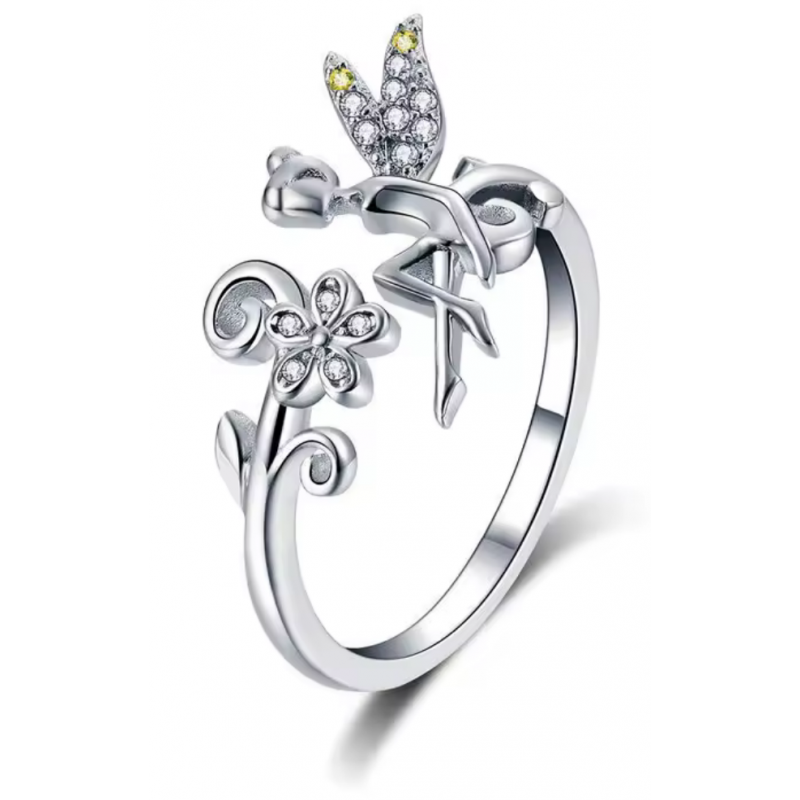 Bague réglable fée clochette fleur pierre jaune