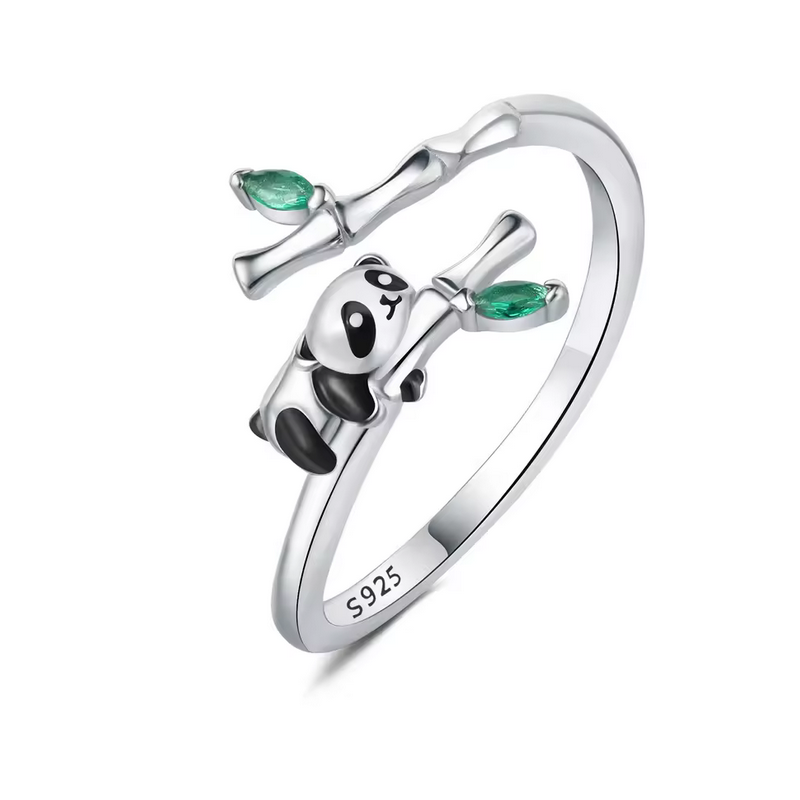 Bague réglable panda sur bambou feuille Bague réglable panda sur bambou feuille