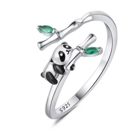 Bague réglable panda sur bambou feuille