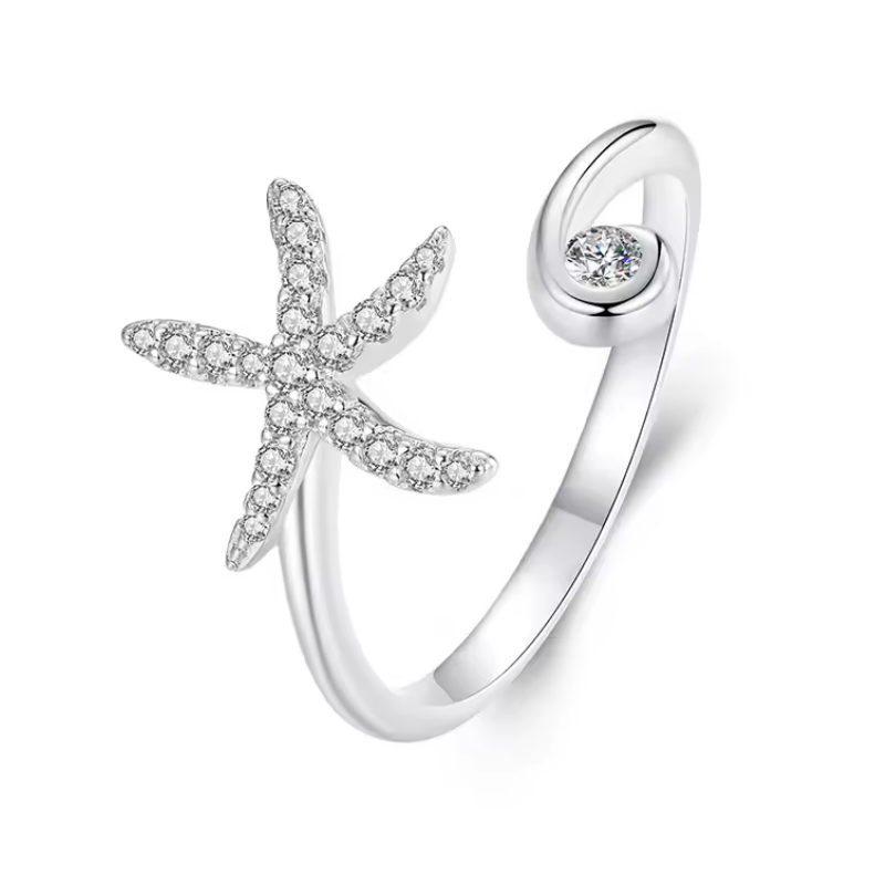 Bague réglable étoile de mer argent pierre blanche