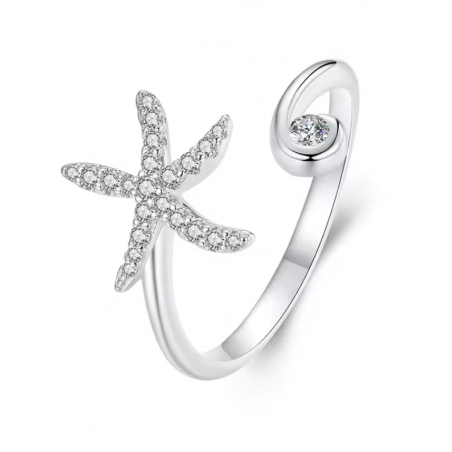 Bague réglable étoile de mer argent pierre blanche
