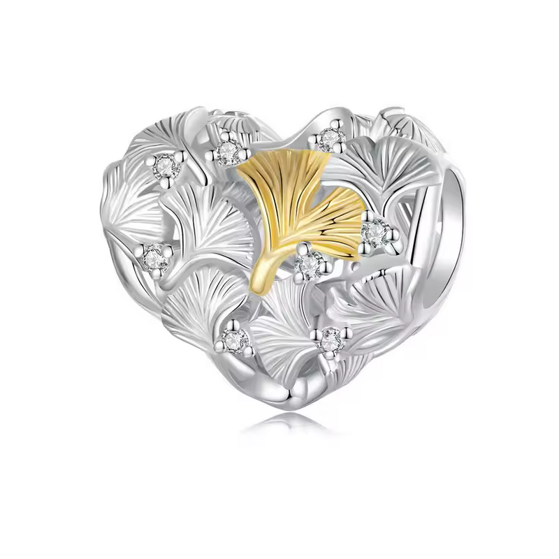 Charm bijou pour bracelet feuille ginkgo biloba en forme de coeur Charm bijou pour bracelet feuille ginkgo biloba en forme de coeur