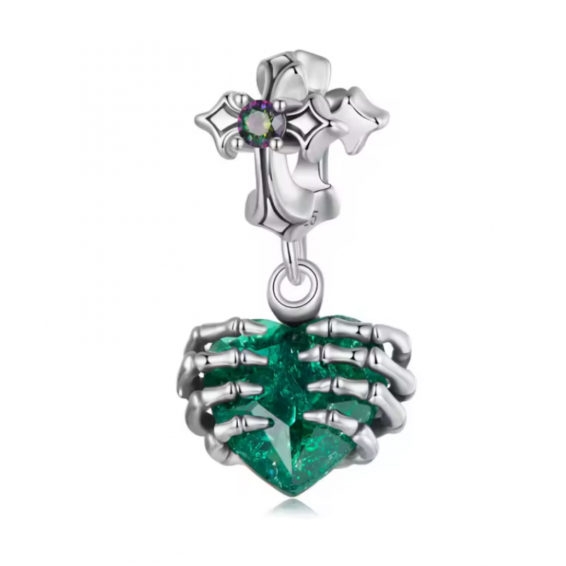 Charm pour bracelet coeur vert dans main de squelette croix Charm pour bracelet coeur vert dans main de squelette croix