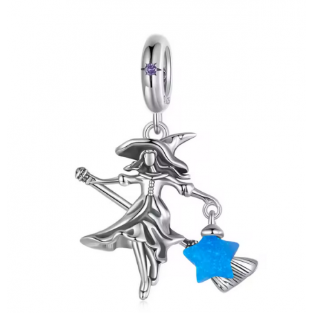 Charm pour bracelet sorcière sur balais étoile bleu