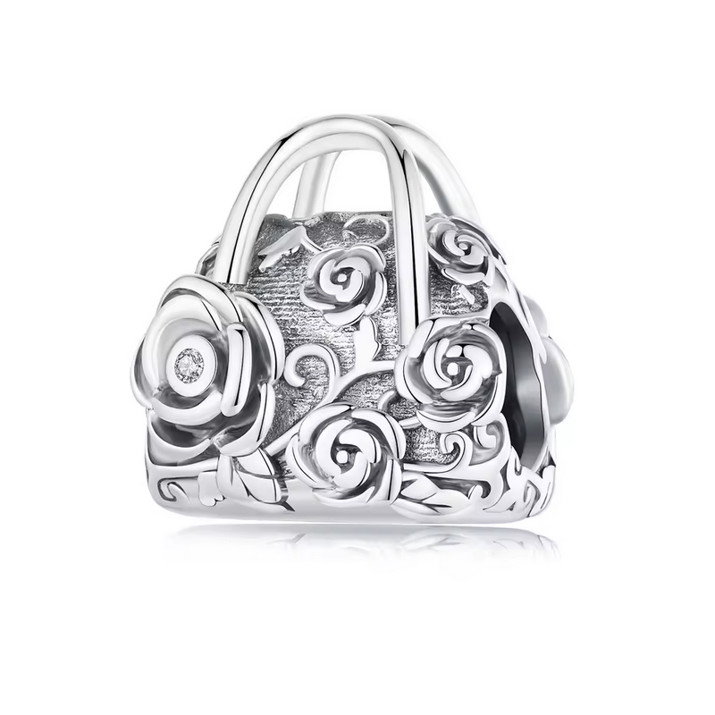 Charm pour bracelet sac orné de fleur rose