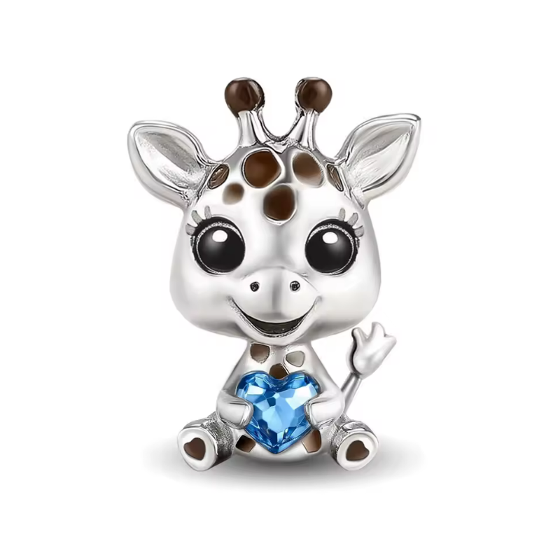 Charm pour bracelet argent girafe assise coeur bleu Charm pour bracelet argent girafe assise coeur bleu