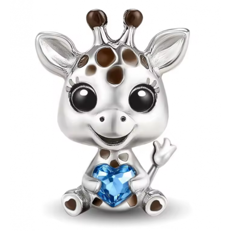 Charm pour bracelet argent girafe assise coeur bleu