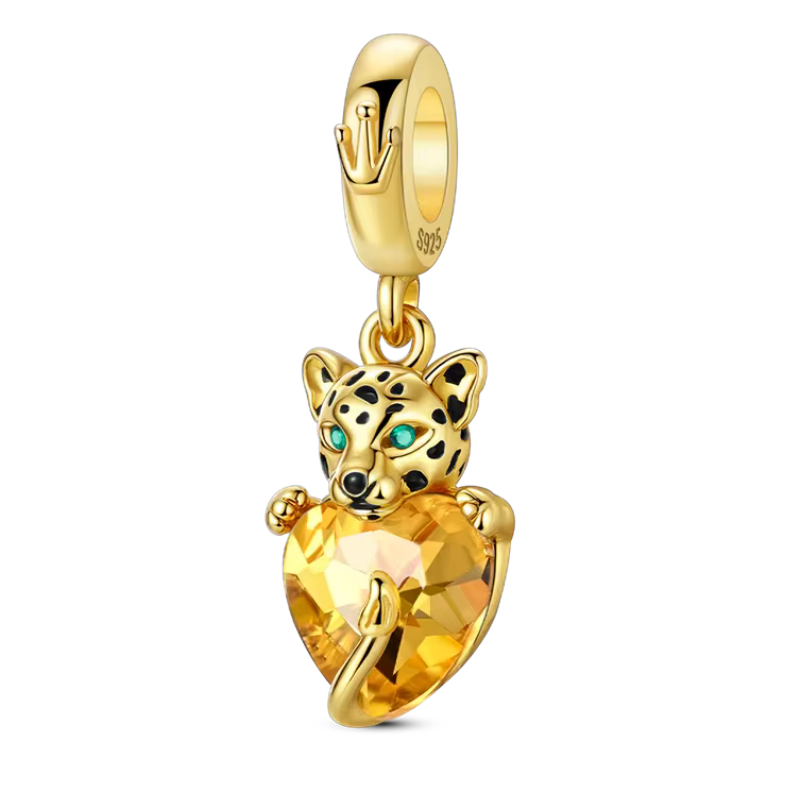 Charm pour bracelet léopard or sur coeur ambre Charm pour bracelet léopard or sur coeur ambre