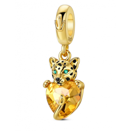 Charm pour bracelet léopard or sur coeur ambre