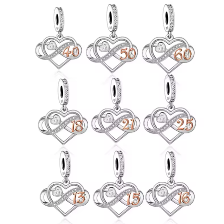 Charm pour bracelet age anniversaire coeur infini or rose