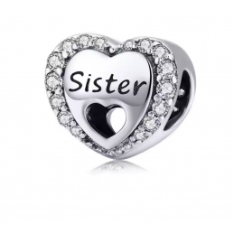 Charm pour bracelet argent coeur sister soeur strass diamant