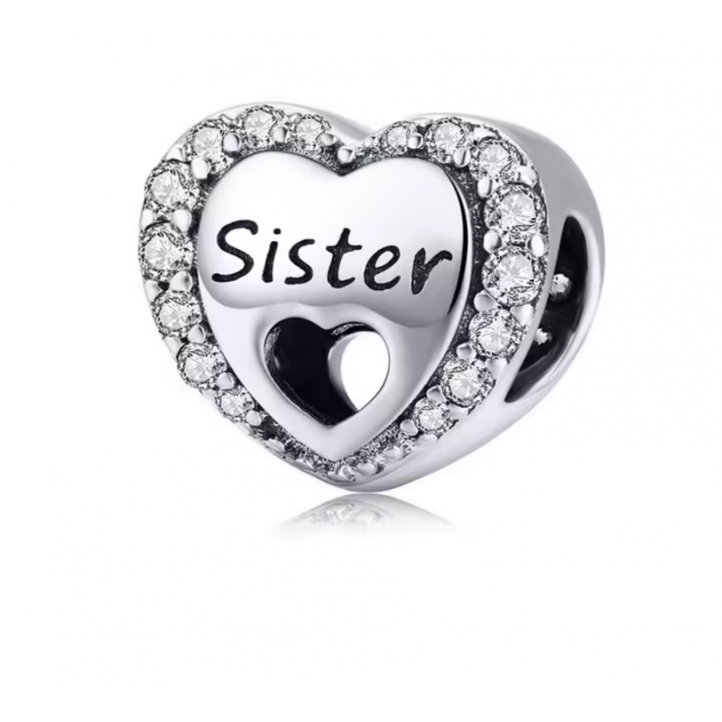 Charm pour bracelet argent coeur sister soeur strass diamant