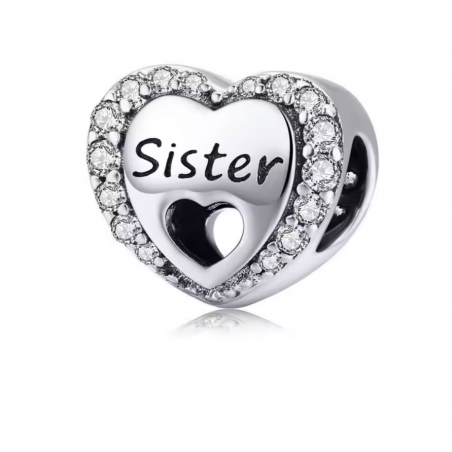 Charm pour bracelet argent coeur sister soeur strass diamant