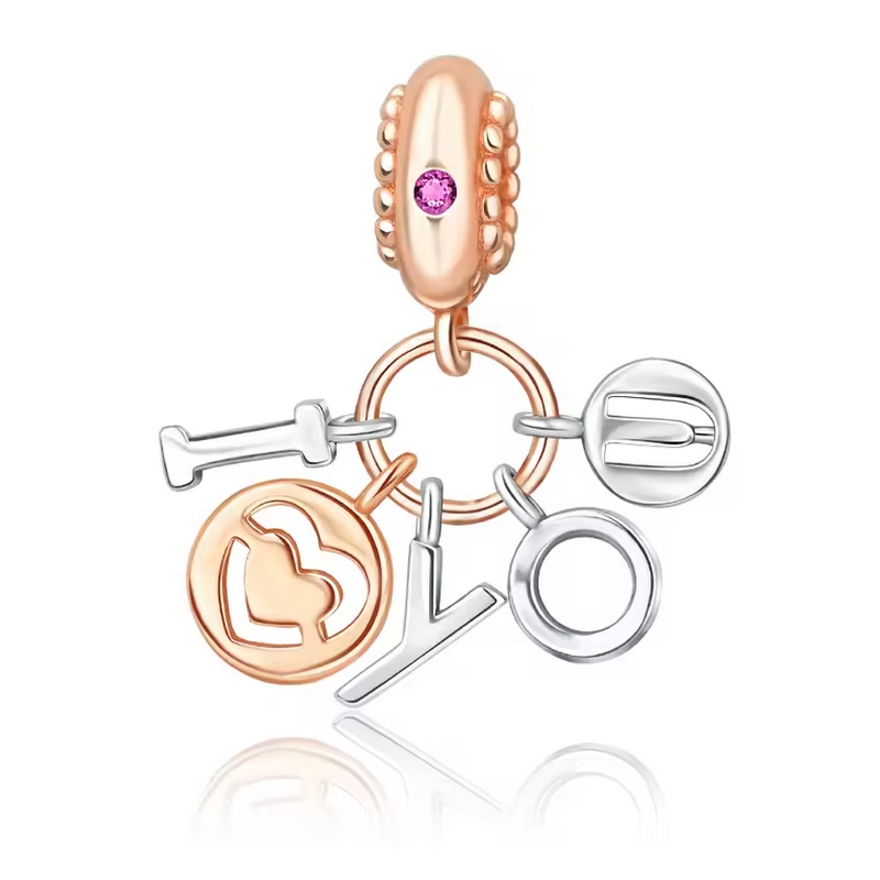 Charm pour bracelet argent or rose I love you strass rouge Charm pour bracelet argent or rose I love you strass rouge