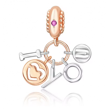 Charm pour bracelet argent or rose I love you strass rouge