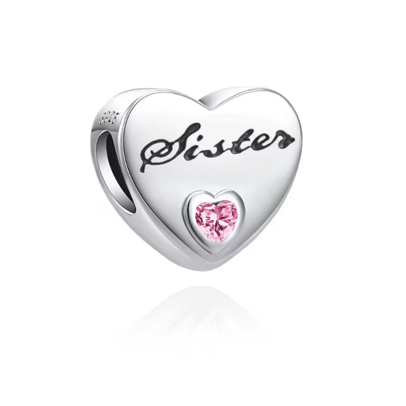Charm pour bracelet coeur soeur sister pierre rose Charm pour bracelet coeur soeur sister pierre rose