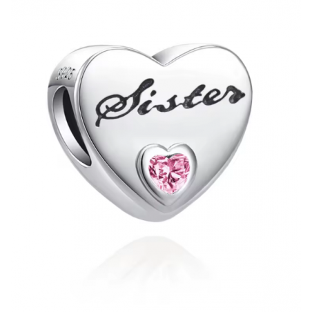 Charm pour bracelet coeur soeur sister pierre rose
