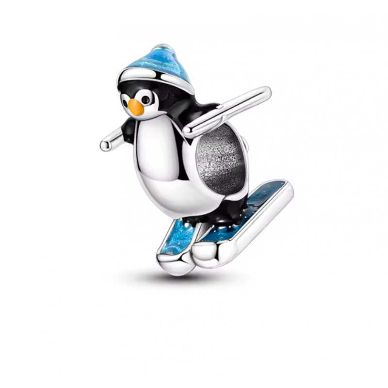charm pour bracelet pingouin a ski noel bonnet bleu