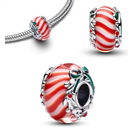 charm pour bracelet murano de noel rouge blanc noeud vert