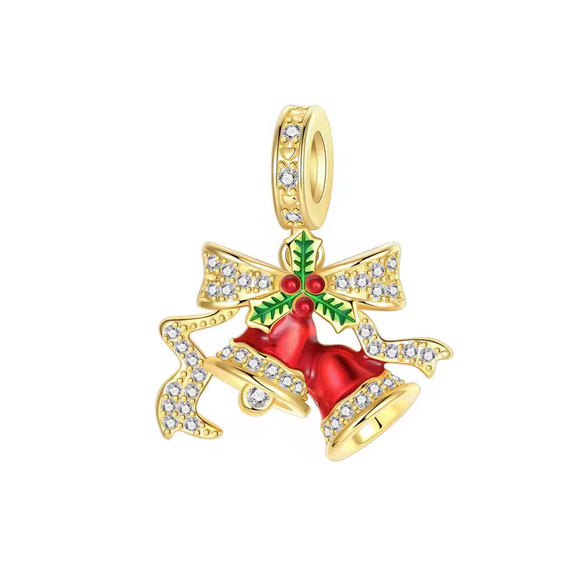 charm pour bracelet cloche de noel rouge noeud or