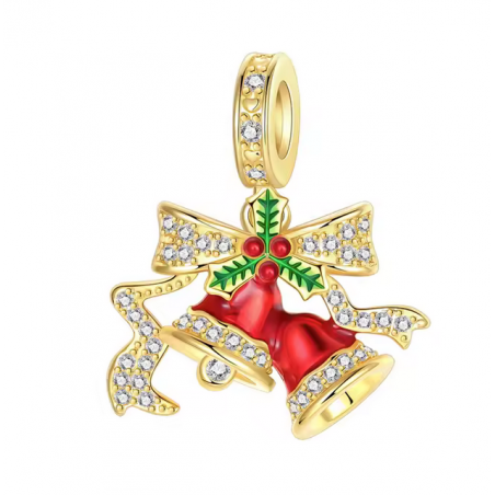 charm pour bracelet cloche de noel rouge noeud or