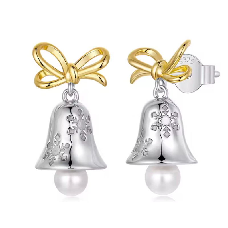 boucles d'oreilles cloche de noel neige noeud or
