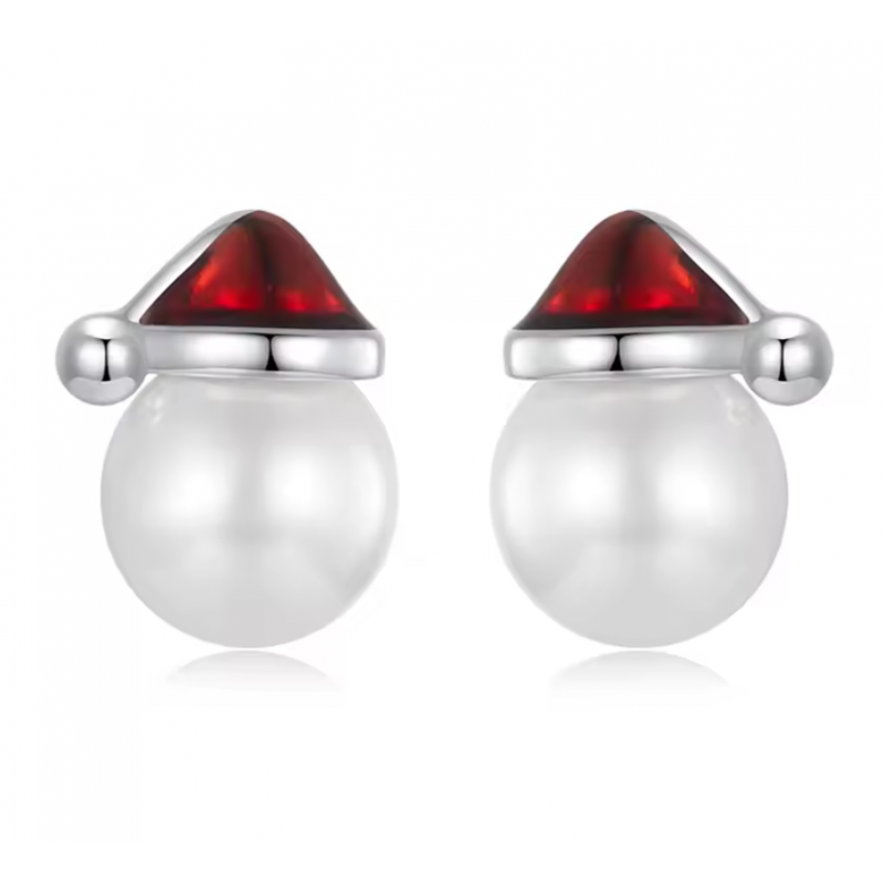 boucles d'oreilles perle blanche avec bonnet de noel
