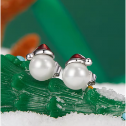 boucles d'oreilles perle blanche avec bonnet de noel