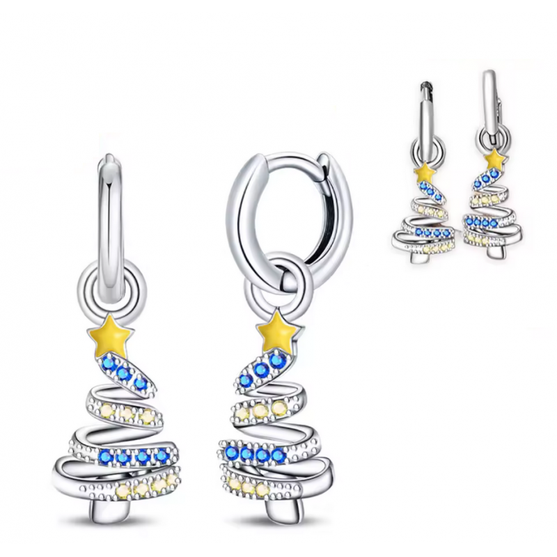 boucles d'oreilles sapin de noel spirale bleu jaune
