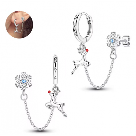 boucles d'oreilles double chaine flocon renne de noel