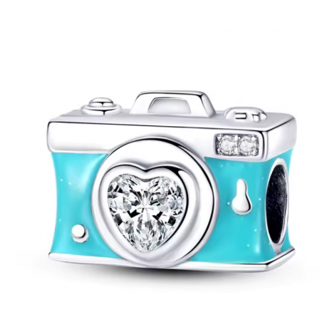 Charm pour bracelet appareil photo bleu coeur diamant