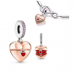 Charm pour bracelet coeur or argent avec clef strass amour