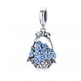 Charm bijou pour bracelet argent panier de fleurs bleues
