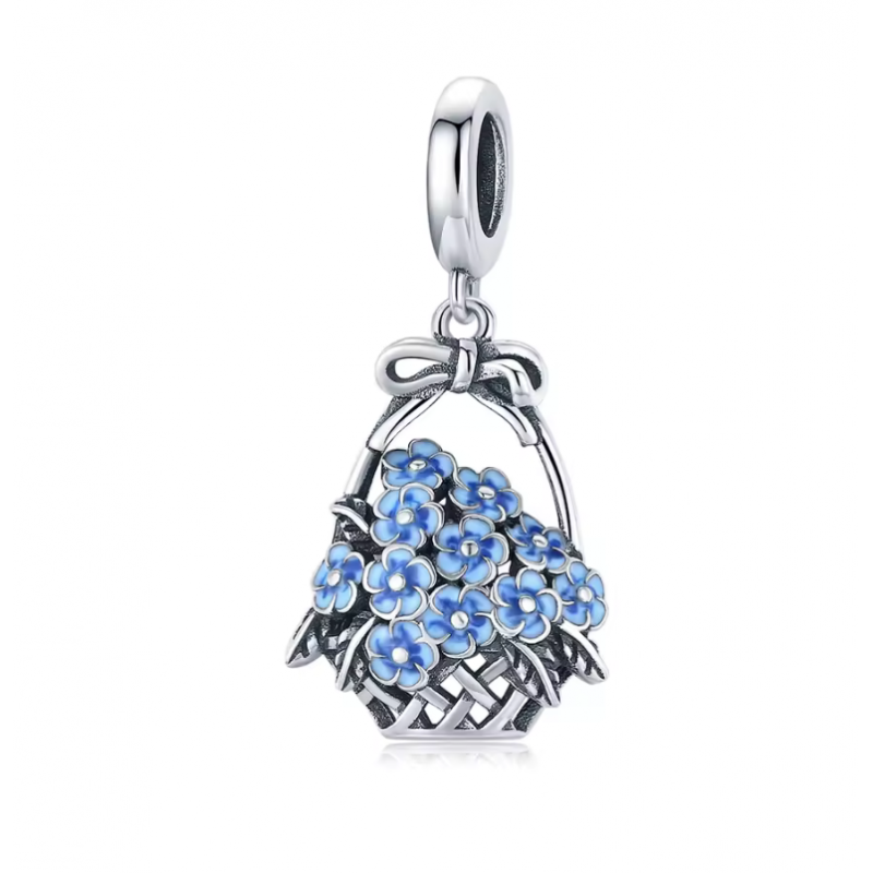 Charm bijou pour bracelet argent panier de fleurs bleues Charm bijou pour bracelet argent panier de fleurs bleues