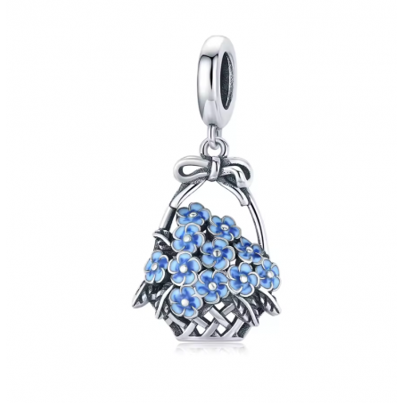 Charm bijou pour bracelet argent panier de fleurs bleues