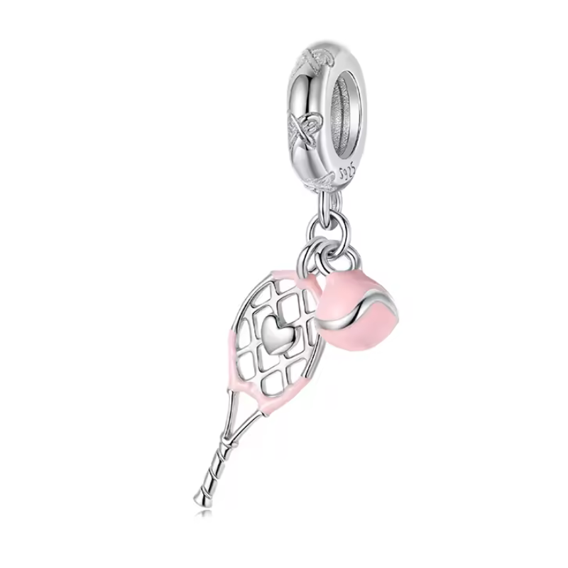 Charm bijou pour bracelet raquette de tennis et balle rose Charm bijou pour bracelet raquette de tennis et balle rose