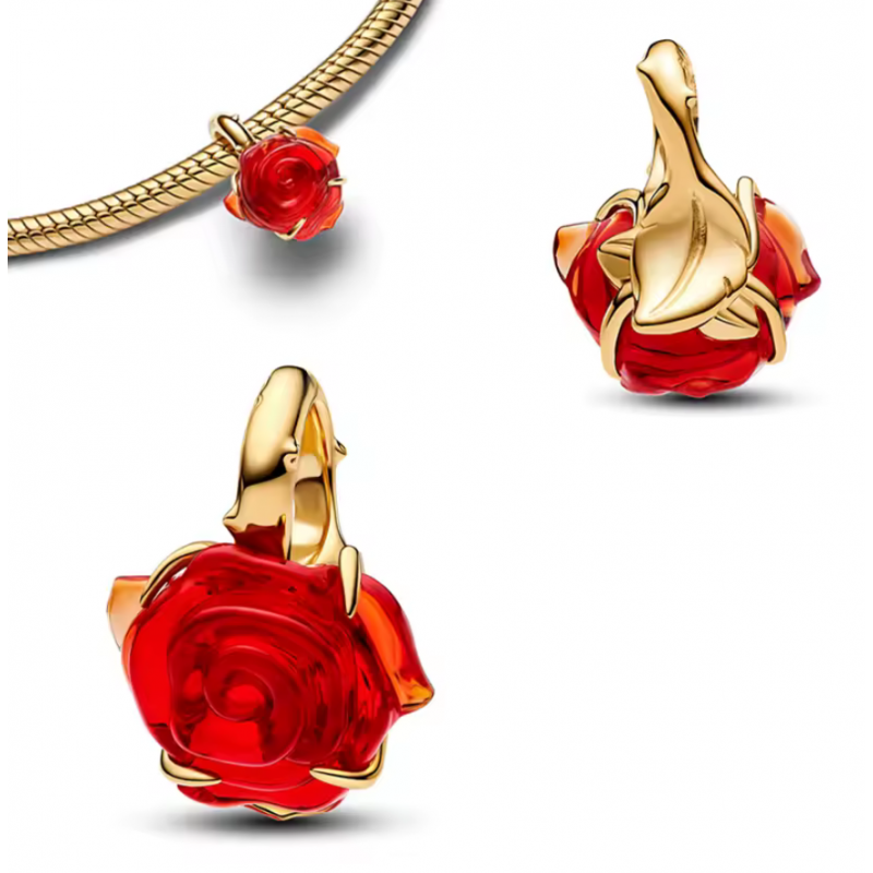 Charm pour bracelet rose rouge tige or Charm pour bracelet rose rouge tige or