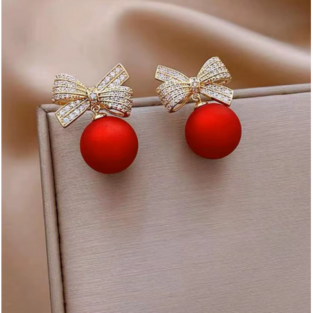 Boucles d'oreilles fête noel boule rouge noeud argent
