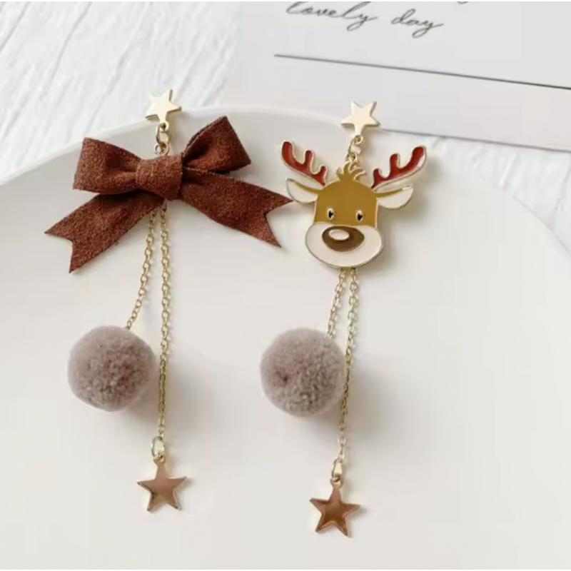 Boucles d'oreilles fête noel cerf noeud ponpon gris MW