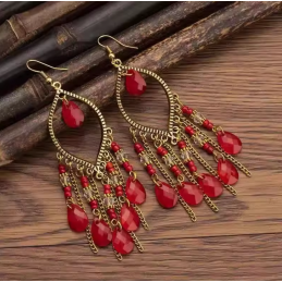 boucles d'oreilles bijoux bohème pierre rouge chaine