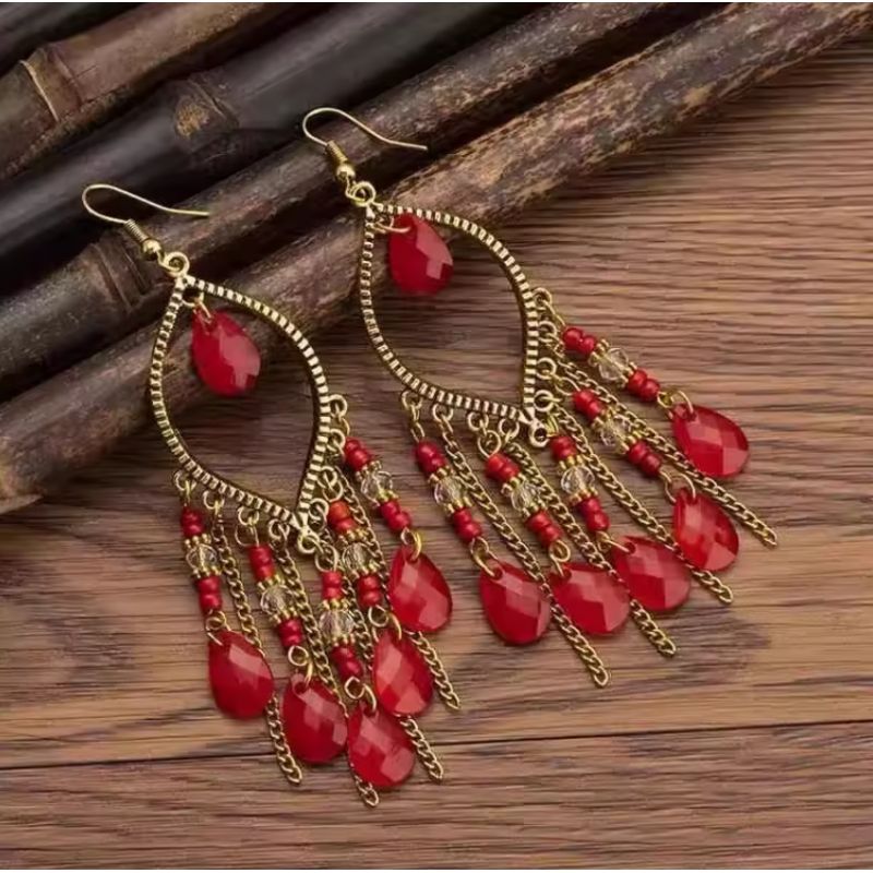 boucles d'oreilles bijoux bohème pierre rouge chaine boucles d'oreilles bijoux bohème pierre rouge chaine