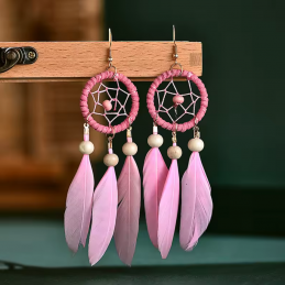 boucles d'oreilles bijoux bohème plume rose perle bois