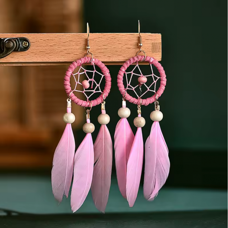 boucles d'oreilles bijoux bohème plume rose perle bois boucles d'oreilles bijoux bohème plume rose perle bois