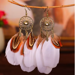 boucles d'oreilles bijoux bohème plume blanche et marron