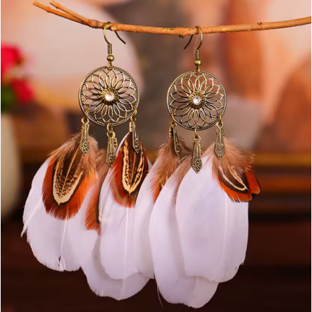 boucles d'oreilles bijoux bohème plume blanche et marron
