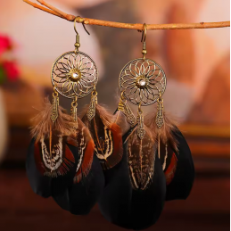 boucles d'oreilles bijoux bohème plume noir et marron