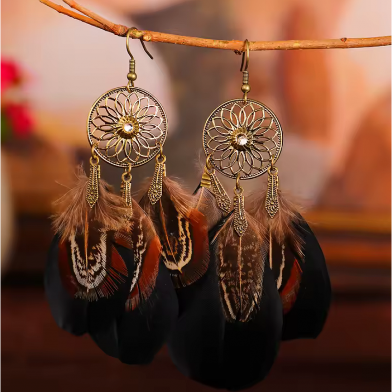 boucles d'oreilles bijoux bohème plume noir et marron boucles d'oreilles bijoux bohème plume noir et marron