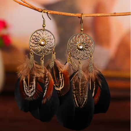 boucles d'oreilles bijoux bohème plume noir et marron