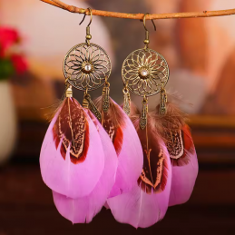 boucles d'oreilles bijoux bohème plume rose et marron