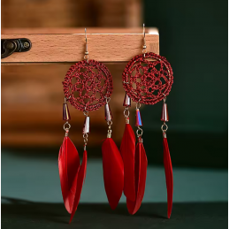 boucles d'oreilles bijoux bohème plume rouge attrape rêve fil
